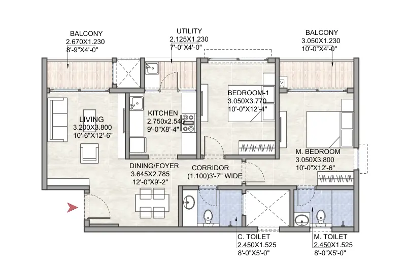 2BHK - 1193sqft - View 2